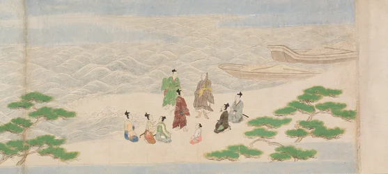 Illustration de la fondation du temple bouddhiste, Tsukiminedera, période Muromachi, 1495 (encre, couleur et or sur papier)